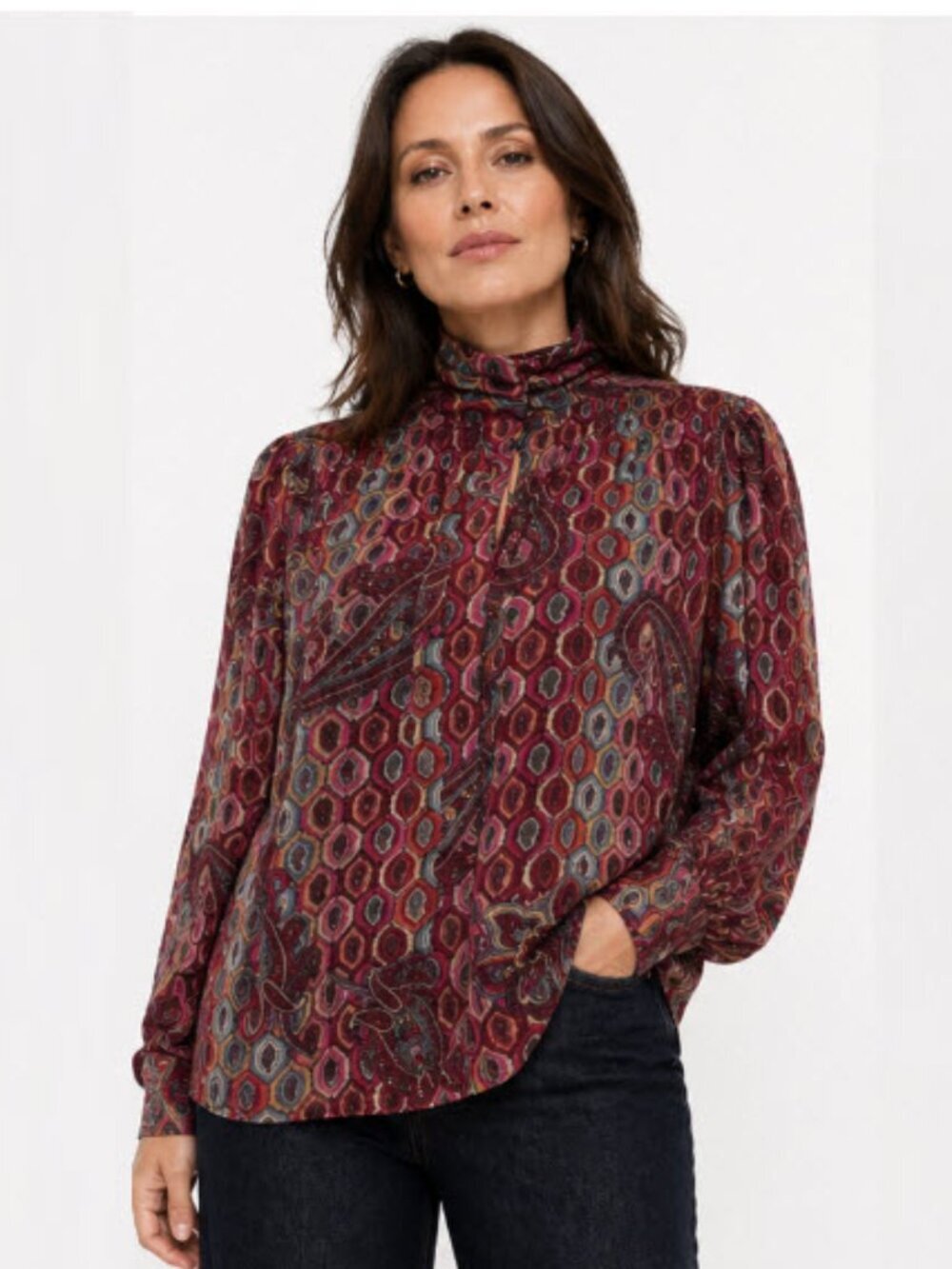 Regina Porter Burgundy Paisley High-Neck Blouse Vintage Hong Kong 14